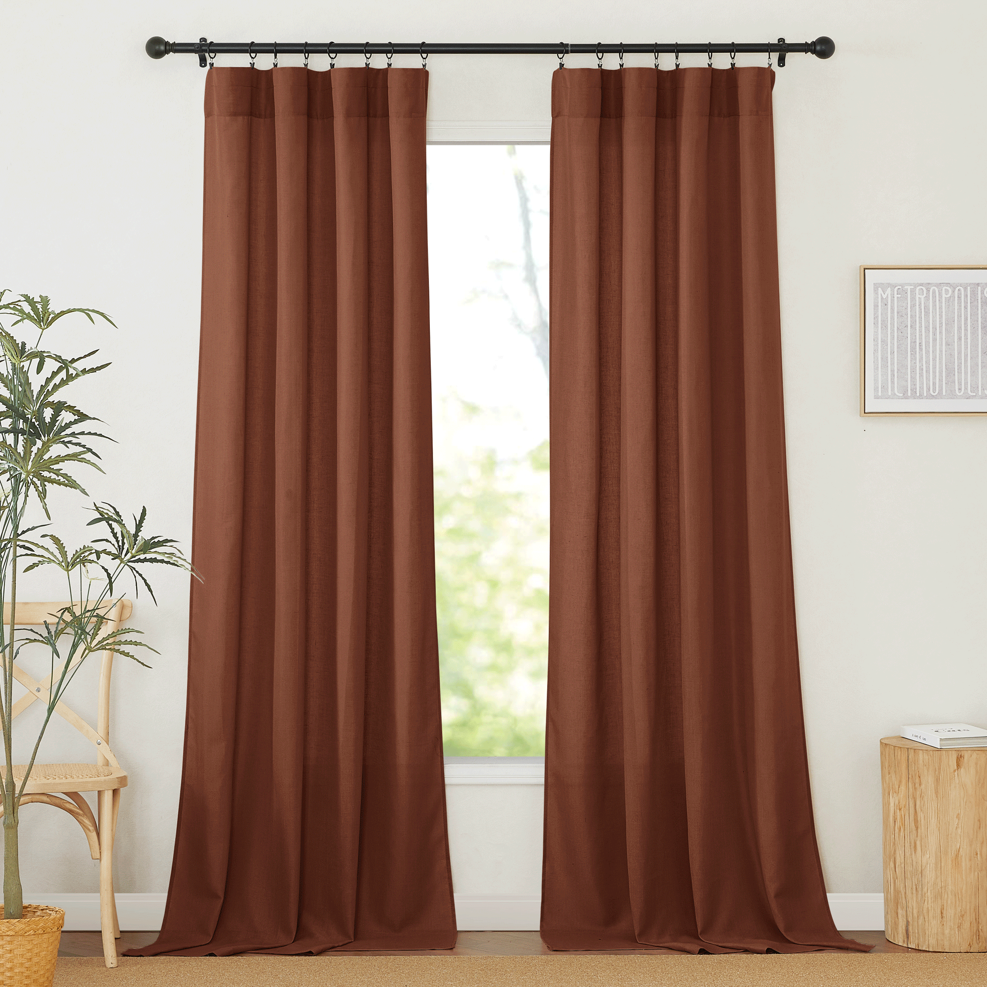 RYB HOME Rod Pocket Flax Linen Blend Curtains for Living Room