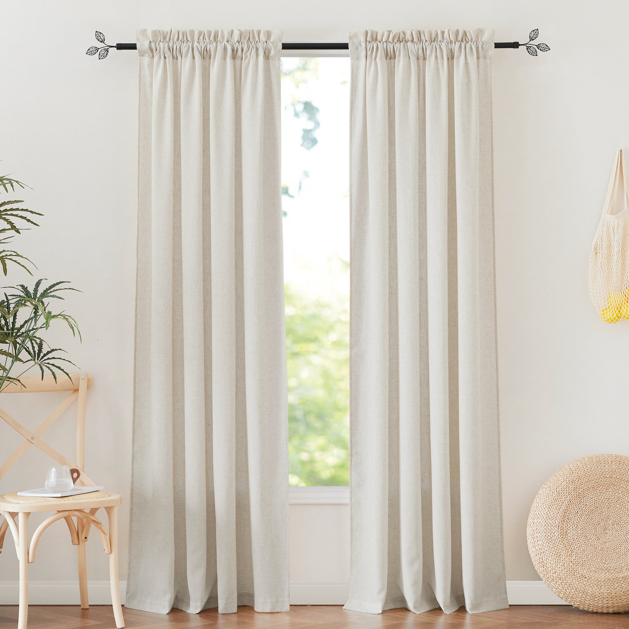RYB HOME Rod Pocket Flax Linen Blend Curtains for Living Room